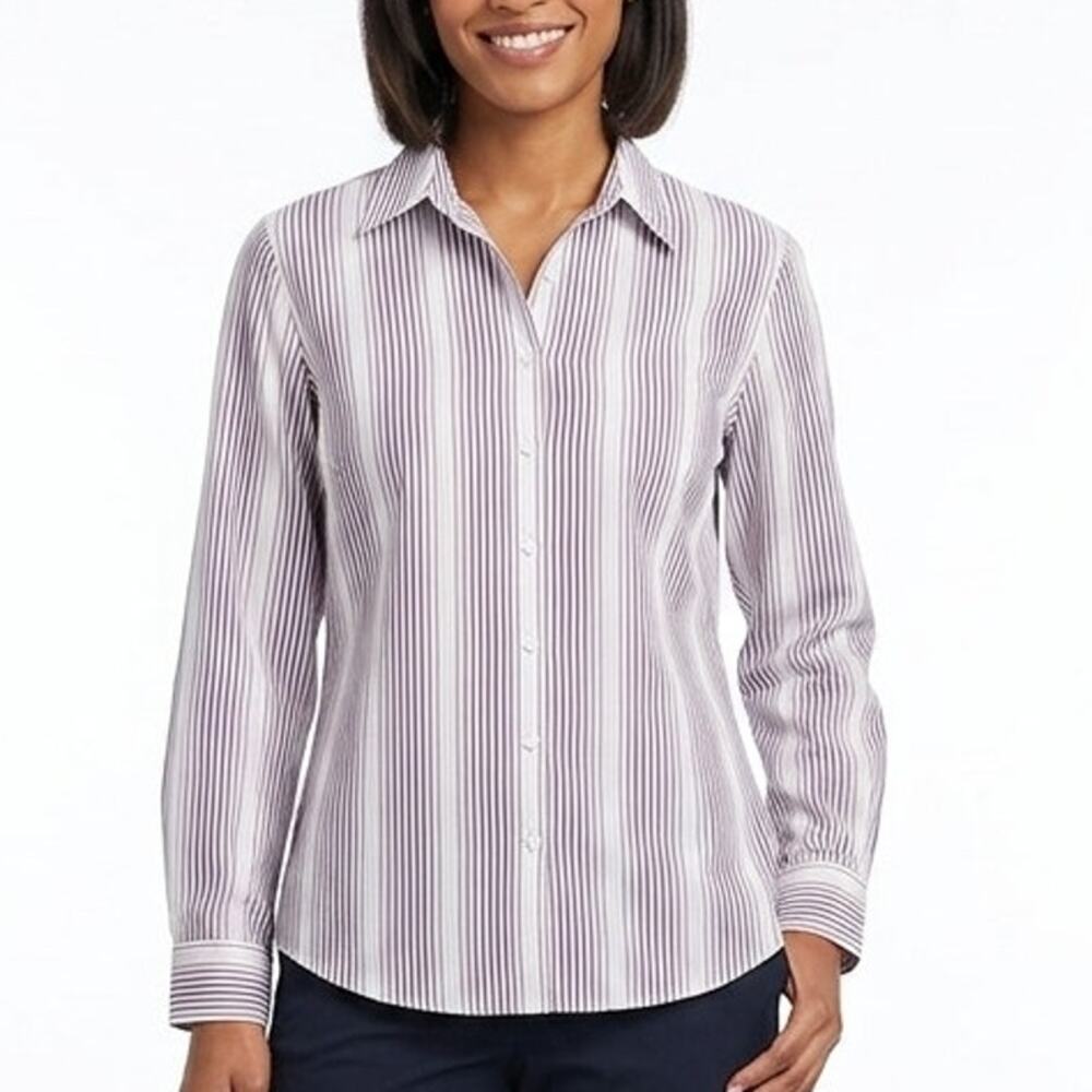 Foxcroft Button Down Shirt Women's Size 8 Tan Striped Wrinkle Free Career Preppy